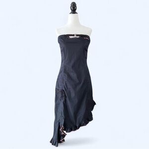 Y2K Eckored Black Pink Asymmetrical Strapless Cotton Punk Emo Grunge Goth Dress